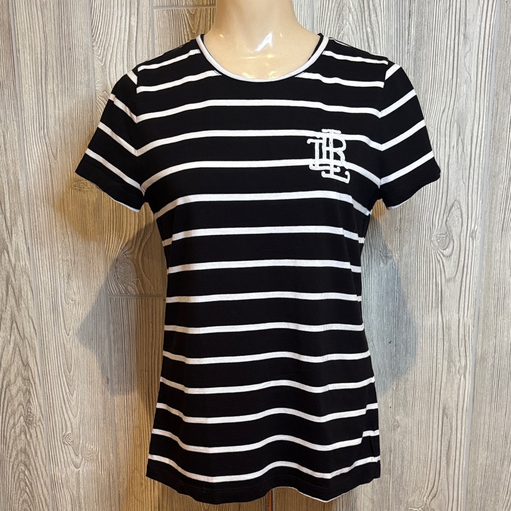 Lauren Ralph Lauren Nautical Preppy Black & White Striped Monogram Tee - Size L